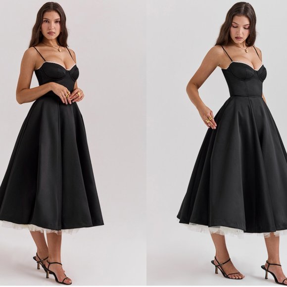 House of CB 'Mademoiselle' Black Satin Tulle Midi Dress NWOT - Picture 3 of 11